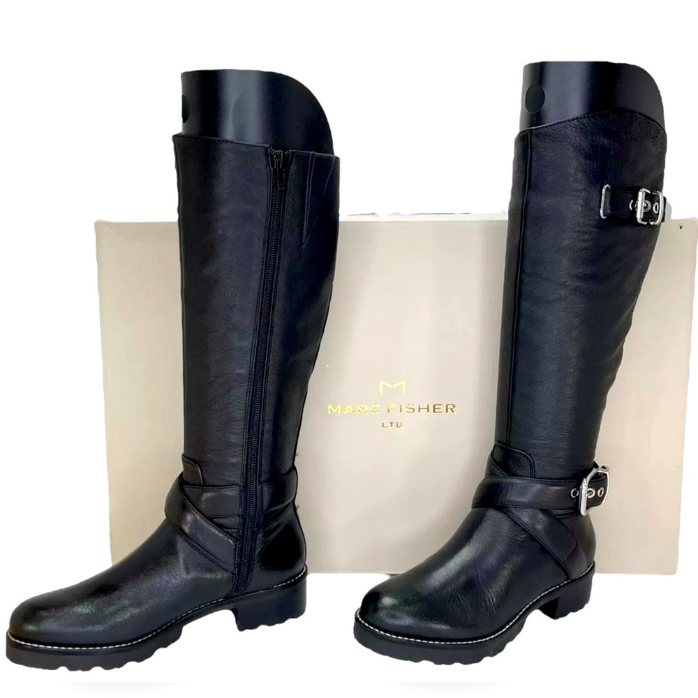 Marc Fisher Knee High Genuine Soft Leather Biker/Motto Style Boots - Black sz6.5 - Picture 1 of 16